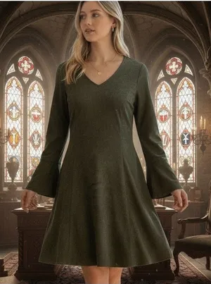 Aryeh VTG Velour Dress Y2K Bell Sleeves Olive Green V Neck Boho Whimsey Goth Lg thumbnail 1