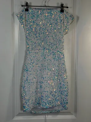 Lucy in the Sky White Iridescent Sequin Cowl Neck Lace Up Mini Dress Size S thumbnail 4