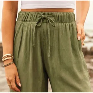 Abercrombie & fitch crinkle‎ textured gauze olive green pull on wide leg pants L thumbnail 2