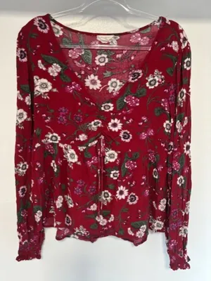 Aeropostale L Red Floral Blouse Ruched Tie Front Long Sleeve Boho Peasant Top thumbnail 2
