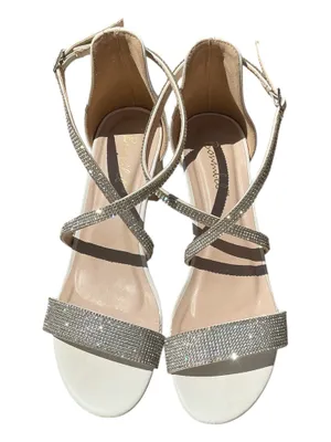 Bonnibel White Rhinestone Crisscross Ankle Strap Block Heel Sandals - Size 8.5 (Gently Used) thumbnail 1