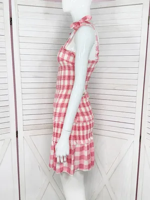 Sincerely Jules Gingham‎ Check Smocked Ruffle Mini Dress Red White Medium Preppy thumbnail 3