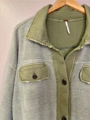 Free People Ruby Oversized Green Shacket Shirt Jacket Distressed Cotton thumbnail 5