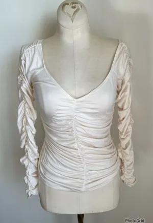 Reformation Ruched Sleeve Cream Top Small thumbnail 1
