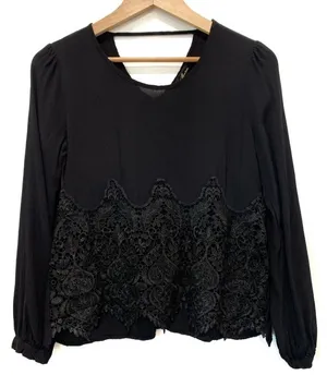 Anthropologie Monteau Black Long Sleeve Lace-Trim Blouse Top thumbnail 1