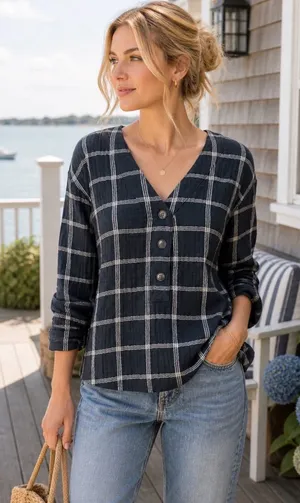 Madewell Lightspun Evert Women's Top Black Size L Windowpane Plaid Button Front thumbnail 1