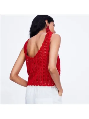 Zara Red Crocheted Fringe Crop Tank Top thumbnail 3