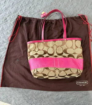 Vintage Coach Reversible Stripe Tote Bag Khaki Pink Canvas with Leather Trim thumbnail 1