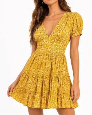 Yellow Ditsy Floral Boho Mini Dress Size PS V Neck Puff Sleeve Tiered Spring Fit thumbnail 1