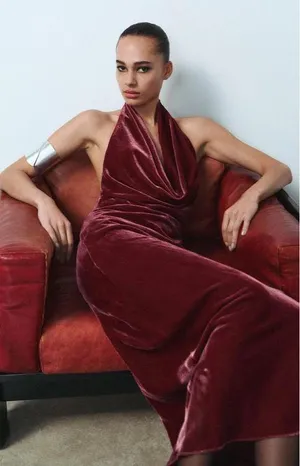Zara maxi holiday dress velour Velvet Halter in Burgundy wedding party evening thumbnail 10