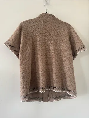 Brown Knit Short Sleeve Cardigan Sweater Large Embroidered Grandpa Folk Cottage thumbnail 5