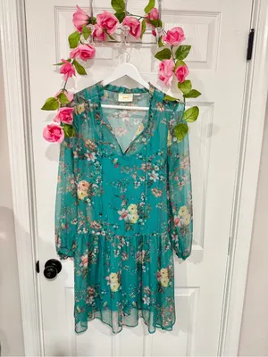 Anthropologie Maeve Teal Floral Chiffon Ruffle Mini Dress Boho Romantic XS thumbnail 2