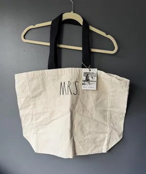 Rae Dunn Canvas Tote Bag with MRS. Print and Black Handles thumbnail 1