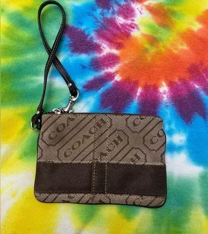 💜COACH Signature Stripe Lozenge Wristlet in Brown and Tan Fabric thumbnail 1