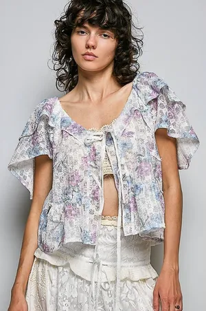 POL Lace Detail Floral Tie Front Ruffle Short Sleeve Blouse -‎ Off White - Large thumbnail 1