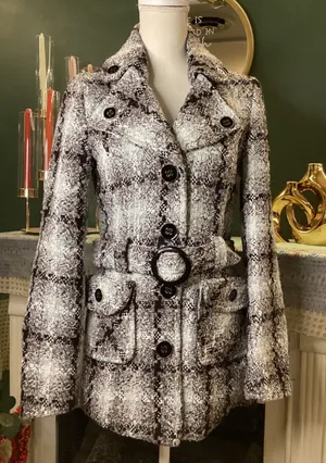 Maurices Womens Black White Brown Plaid Belted Pea Coat‎ Jacket Size S Small thumbnail 1