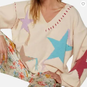 POL Patchwork Star Sweater - Beige V Neck Thick Knit Size Medium thumbnail 2
