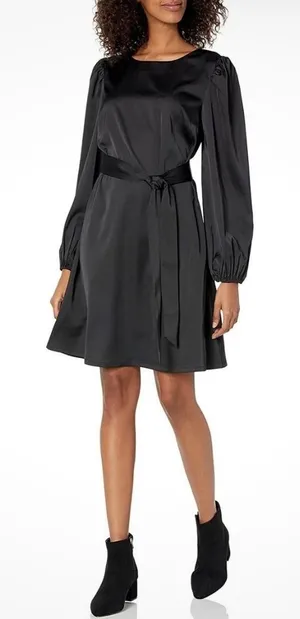The Drop @shopdandy Black Silky Belted Blouson Sleeve Dress NWT L‎ thumbnail 1