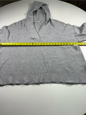 aerie Light Heather Gray V-Neck Relaxed Long Sleeve Top with Hoodie thumbnail 4