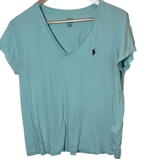 Polo Ralph Lauren Womens V-Neck T-Shirt Aqua Blue Cotton Short Sleeve Large Logo thumbnail 1