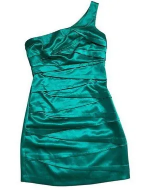 A. Byer Sz 5 S Green Satin Stretchy Cocktail Mini Dress Assymetric One Shoulder thumbnail 1