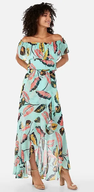 Express Tropical Ruffle Off the Shoulder High Low Maxi Dress Mint Green Small thumbnail 1