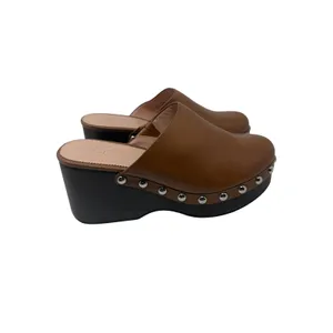 J.Crew Slip-On Studded Platform Clogs Leather Brown Wood Wedge Heel Size 8.5 thumbnail 3
