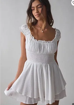 Urban Outfitters Rosie Smocked Tiered Ruffle Romper White Small Bridal Wedding thumbnail 1