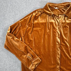Jodifl Velvet Gathered Shoulder Blouse Women's Medium Golden Brown Button Front thumbnail 3