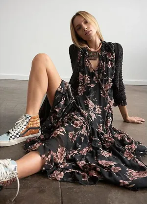 NEW FREE PEOPLE Feeling Groovy Floral-print Chiffon Maxi Dress Size Large thumbnail 1