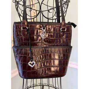 BRIGHTON Black Brown Croc Leather Bucket Tote Shoulder Handbag Double Handles‎ thumbnail 2