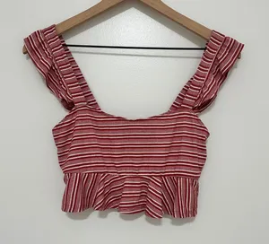 Urban‎ Outfitters | Woman's Red White Striped Ruffle Strap Peplum Crop Top, S thumbnail 1