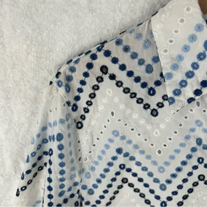 Alfred Dubber Cotton Ombré‎ Blue Eyelet Embroidered 3/4 Sleeve Button Up Shirt L thumbnail 3