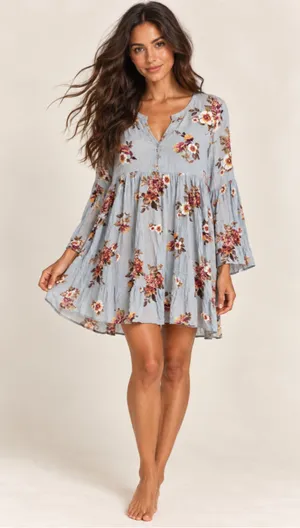 Altar’d State Blue Floral Babydoll Mini Dress Boho Cottagecore Romantic Earthy M thumbnail 1
