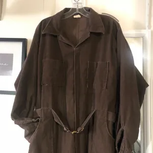 Vintage 80s/90s chocolate Brown corduroy wide leg long sleeve utility jumpsuit with cinched waist thumbnail 1