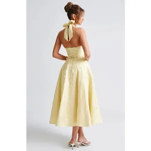 NWT Babyboo Effie Lemon Yellow Floral Jacquard Halter A-Line Midi Dress Size S thumbnail 8