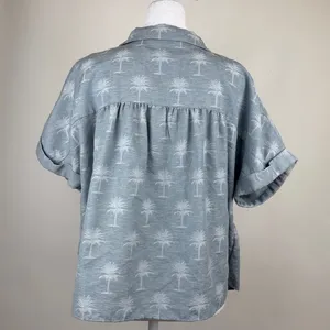 Zara Blue Palm Tree Print Button Down Short Sleeve Collared Blouse Shirt Top M thumbnail 5