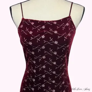 90s vintage square neck burgundy and silver glitter floral maxi velvet dress thumbnail 2