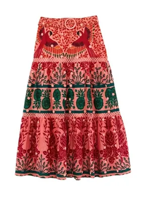 Farm Rio Ainika Print Macaws Maxi Skirt Size Medium Red Pink Green $260 thumbnail 1