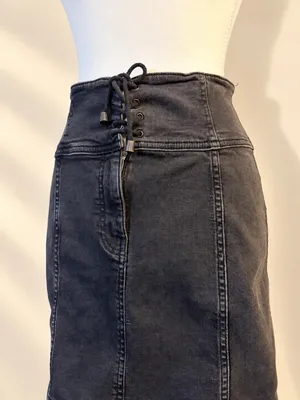 Free People Size 8 Black Denim Corset Lace Up High Waist Mini Skirt thumbnail 4