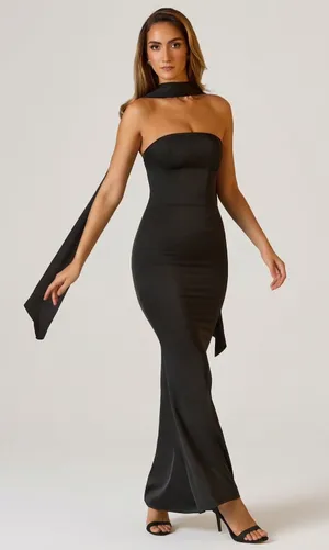 Oh Polly‎ Mandi Scarf Detail Strapless Satin Maxi Gown Black NWT Size US 4 thumbnail 1