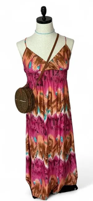 Stevie‎ Lindsay Maxi Dress Pink Brown Turquoise Sleeveless Smocked Boho thumbnail 1