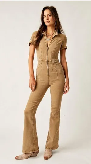 NEW Free People We The Free Jayde Flare Jumpsuit Pier 17 khaki Size Large thumbnail 1