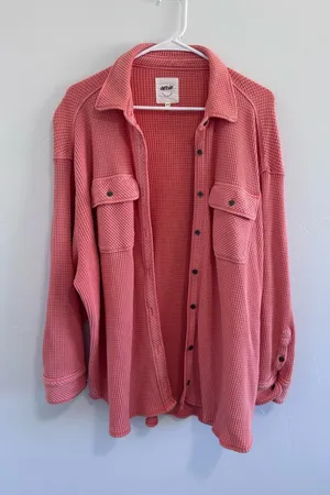 Aerie LumberJane Waffle Shirt Oversized in Coral thumbnail 1