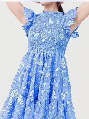 Girls' Blue Floral Smocked Cotton Dress thumbnail 1