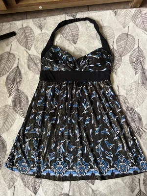 Y2k vintage blusón Black Halter Neck Print Dress with Blue Accents thumbnail 2