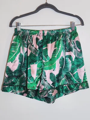 Green and Pink Tropical Palm Print Satin Pajama Set Size Large thumbnail 4