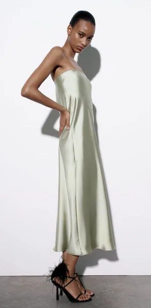 ZARA midi dress satin sleeveless tube olive green wedding party summer thumbnail 13