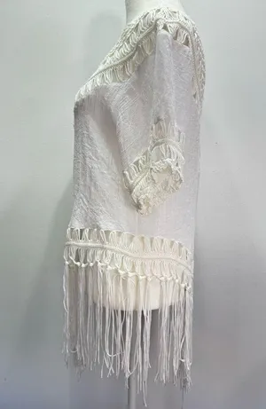 Boho Hippie White Gauzy Cotton & Crochet Lace with Fringe Top Size Medium thumbnail 4