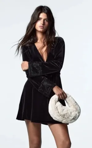 Zara Black Velvet babydoll Dress size L thumbnail 1